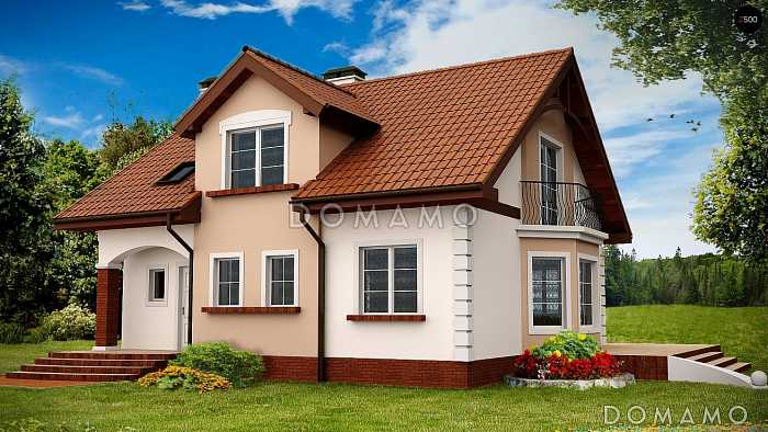 Проект загородного дома с эркером в гостиной, кабинетом, балконом  в комнате на мансарде