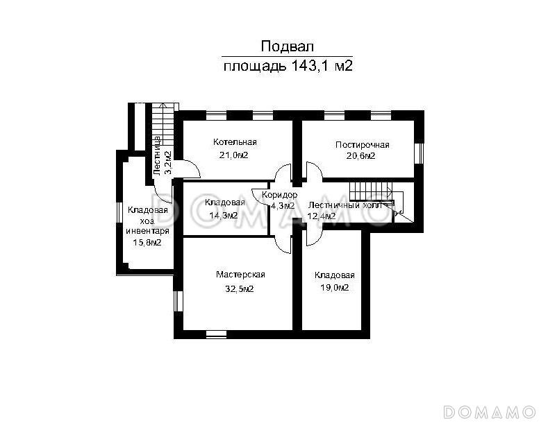 Проект двухэтажного загородного дома с высоким крыльцом / План цокольного этажа