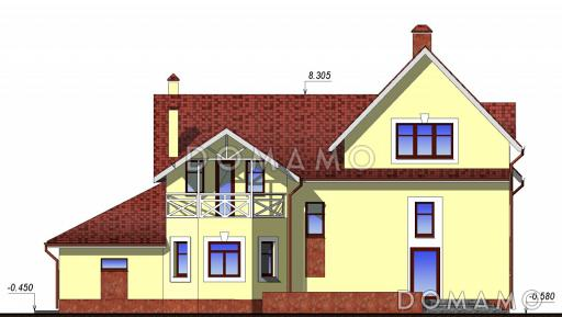 Проект дома с мансардным этажом, пристроенным гаражом и двумя балконами / Фасад 2