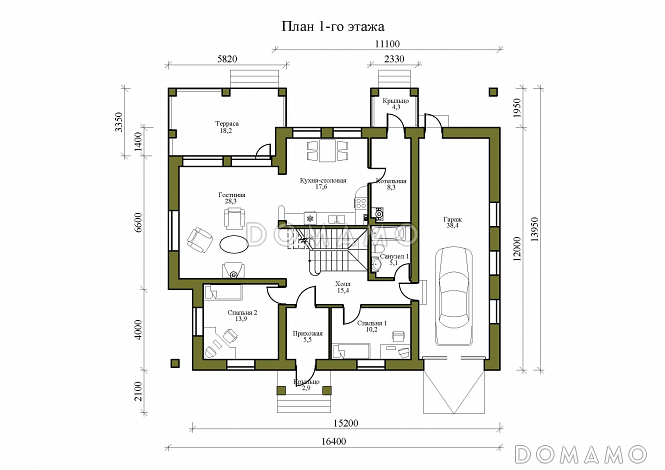 Проект двухэтажного дома из газобетона и бруса, с тремя балконами и террасой / План 1 этажа