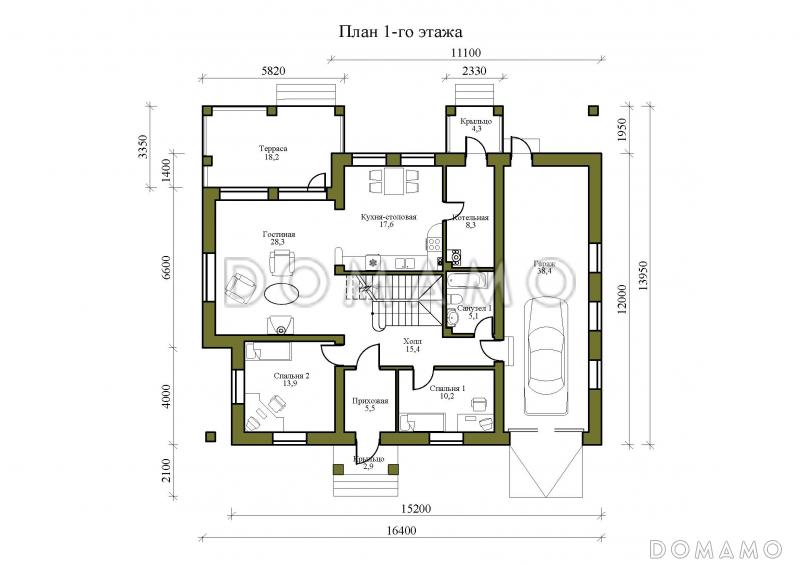 Проект двухэтажного дома из газобетона и бруса, с тремя балконами и террасой / План 1 этажа