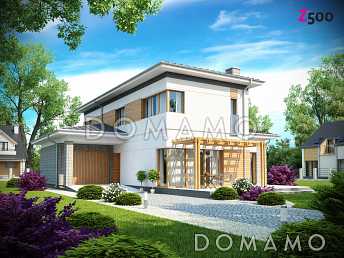 Проект современного двухэтажного дома из газобетона с четырьмя спальнями и пристроенным гаражом