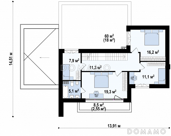 Проект современного двухуровневого дома из газобетона с несколькими террасами, двухместным гаражом и навесом / План 2 этажа