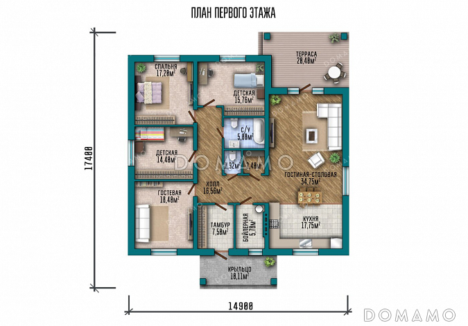 Проект одноэтажного дома с четырьмя спальнями, просторной гостиной-столовой и терасой / План 1 этажа