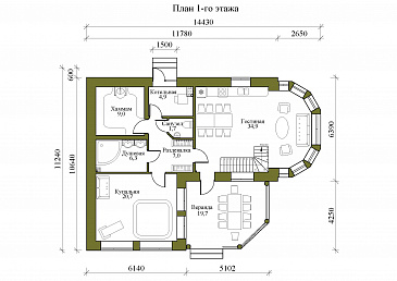 Проект двухэтажной бани с остекленной гостиной, просторной верандой и игровой / План 1 этажа