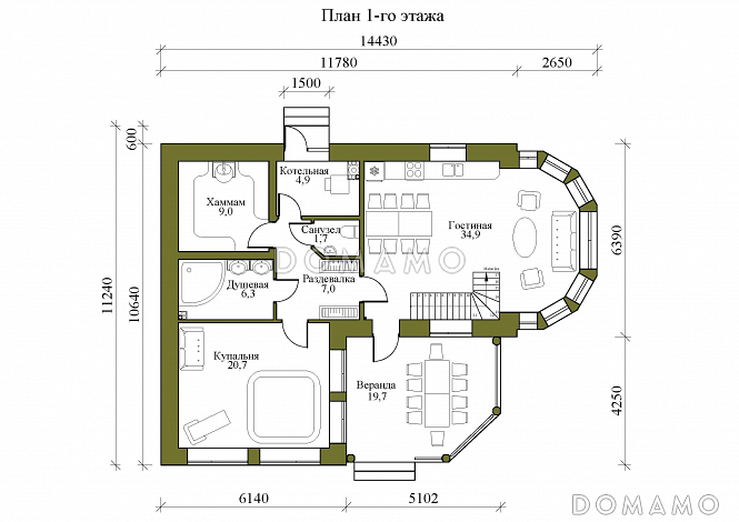 Проект двухэтажной бани с остекленной гостиной, просторной верандой и игровой / План 1 этажа