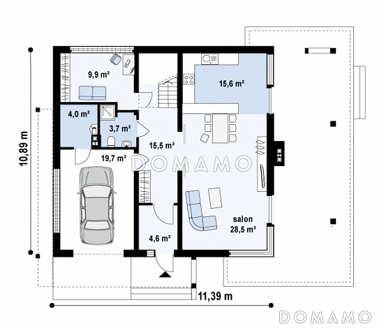 Проект простого комфортного двухэтажного дома из кирпича с тремя спальнями, вторым светом и гаражом / План 1 этажа