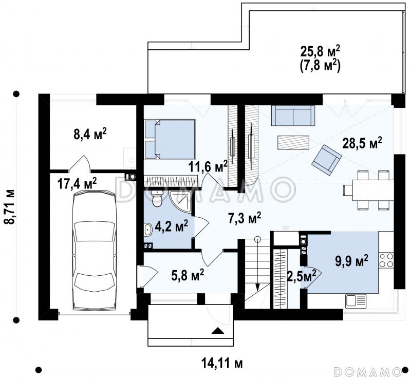 Проект мансардного дома из газобетона с четырьмя спальнями, вторым светом и гаражом  / План 1 этажа