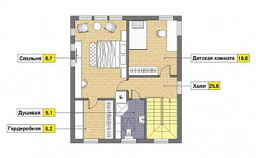 Проект каркасного дома с навесом для одной машины и двумя спальнями на мансардном этаже / План мансардного этажа