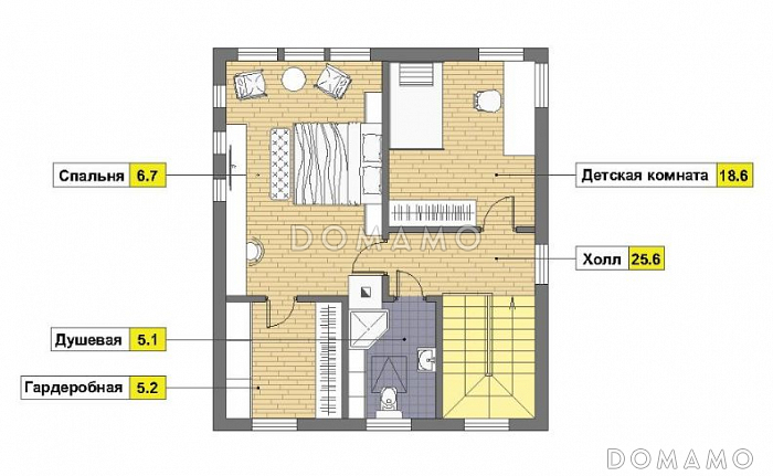 Проект каркасного дома с навесом для одной машины и двумя спальнями на мансардном этаже / План мансардного этажа