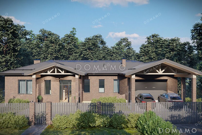 Проект дома с гаражом, навесом, подвалом, мастер-спальней и двумя детскими