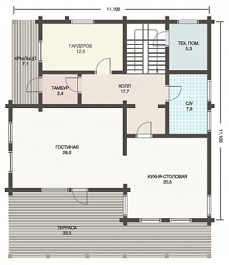 Проект респектабельного дома из клееного бруса с террасой / План 1 этажа
