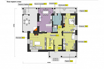 Проект дома с просторной гостиной и кухней столовой, террасой с барбекю, зимним садом, двумя балконами,  / План 1 этажа