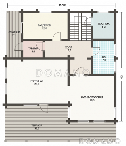 Проект респектабельного дома из клееного бруса с террасой / План 1 этажа