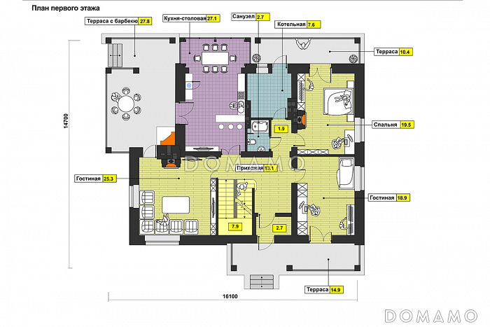 Проект дома с просторной гостиной и кухней столовой, террасой с барбекю, зимним садом, двумя балконами,  / План 1 этажа