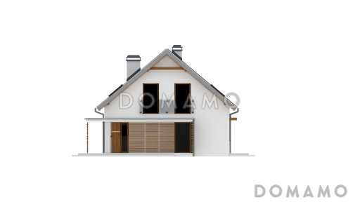 Проект одноэтажного мансардного дома из кирпича с кабинетом, открытой угловой террасой и гаражом / Фасад 1