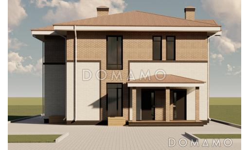 Проект двухэтажного дома из кирпича с двумя каминами на большой террасе и в гостиной / Фасад 4