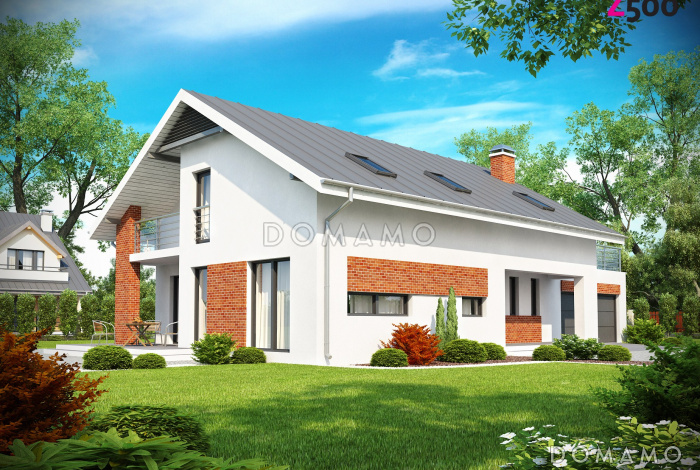 Проект просторного одноэтажного дома с мансардным этажом из кирпича со встроенным гаражом и большой террасой над ним