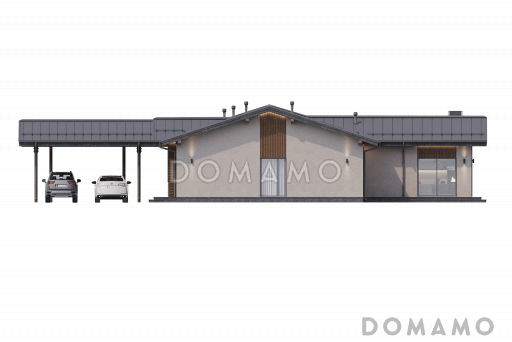 Проект одноэтажного дома из кирпича с крытой зоной для барбекю, навесом для двух машин, просторной дневной зоной и тремя спальнями / Фасад 3
