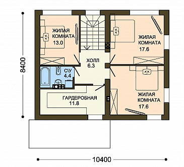 Проект лаконичного коттеджа с четырьмя спальнями, широкими окнами и большой гардеробной / План 2 этажа