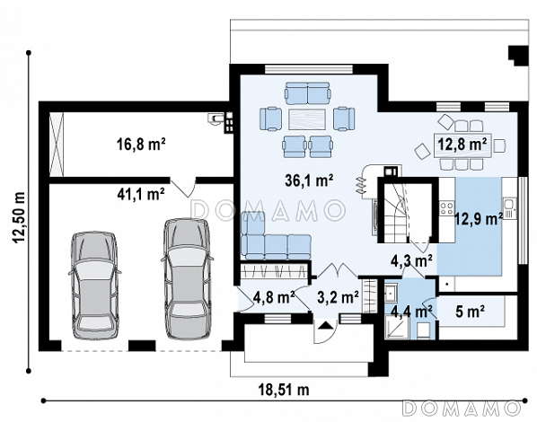 Проект современного двухэтажного дома из газобетона с четырьмя спальнями, большим гаражом и сауной  / План 1 этажа