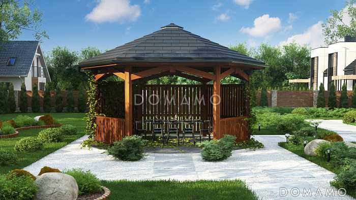 Проект каркасной беседки в форме шестиугольника