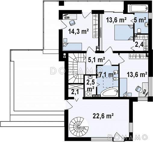 Проект двухэтажного дома из кирпича с тремя спальнями, гаражом и коммерческим помещением с отдельным входом / План 2 этажа