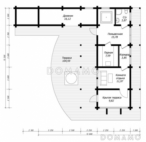 Проект бани из клееного бруса с необычной в плане террасой / План 1 этажа