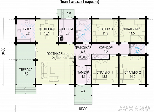 Проект дома из бруса с 4 спальнями, гостиной, столовой и террасой / План 1 этажа