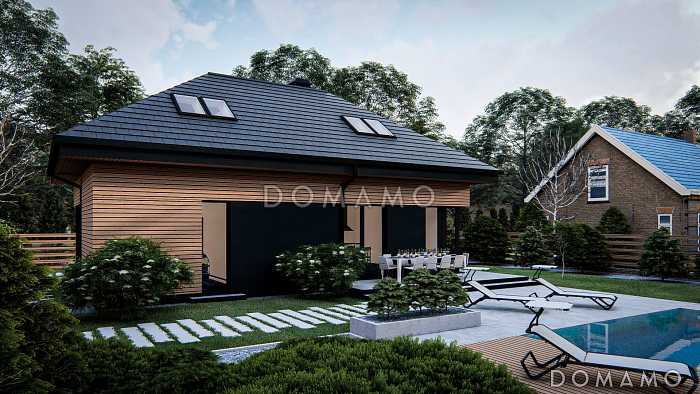 Проект загородного дома с мансардой, гаражом, санузлом на первом этаже, просторной дневной зоной