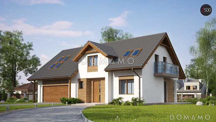 Проект одноэтажного дома из кирпича с четырьмя спальнями и кабинетом на мансардном этаже и встроенным гаражом