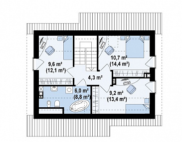 Проект компактного одноэтажного мансардного дома из газобетона с кабинетом и тремя спальнями / План мансардного этажа