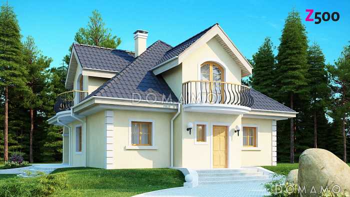 Проект классического одноэтажного мансардного дома из газобетона с кабинетом, хозяйственным помещением и с балконами в каждой из трёх спален