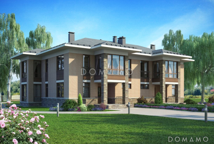 Проект двухэтажного дома для двух семей с зимним садом