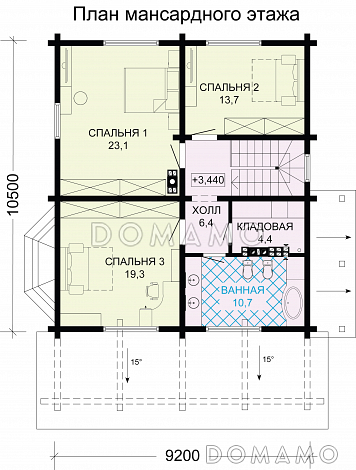 Проект дома из бруса с сауной и просторной комнатой отдыха на цокольном этаже / План мансардного этажа