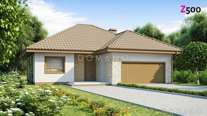 Проект одноэтажного дома из кирпича с просторной гостиной, большим гаражом и двумя спальнями