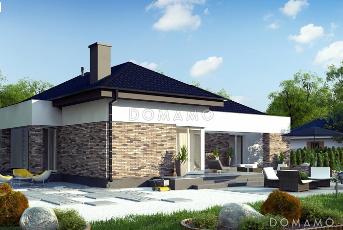 Проект одноэтажного дома из кирпича с тремя спальнями, гаражом на два автомобиля и барбекю на террасе
