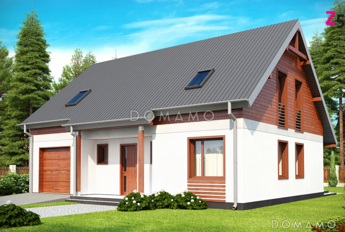 Проект одноэтажного дома из кирпича с мансардой облицованной натуральным деревом со встроенным гаражом