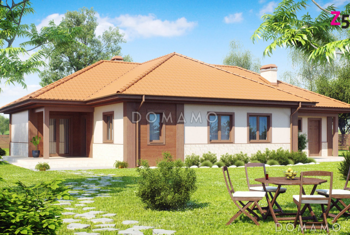 Проект одноэтажного дома из кирпича с просторной гостиной, четырьмя комнатами и гаражом