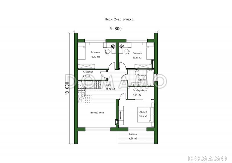 Проект двухэтажного дома в стиле барнхаус с 4 спальнями, вторым светом, крытой террасой и автонавесом / План 2 этажа