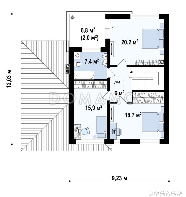 Проект двухэтажного дома с большим санузлом на первом этаже, кабинетом, гаражом на один автомобиль / План 2 этажа