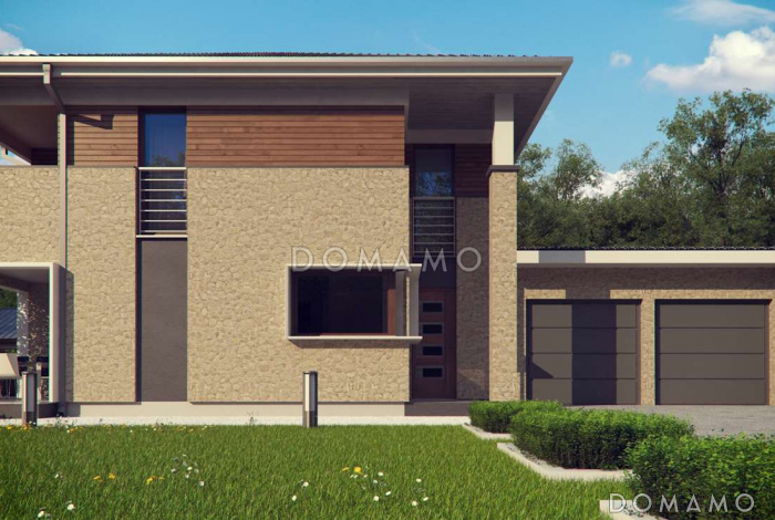 Проект просторного двухэтажного дома из кирпича с дополнительной спальней на первом этаже, гаражом и сауной