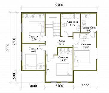 Проект каркасного дома с мансардой, 5 спальнями, гостиной-столовой и крытой террасой / План мансардного этажа