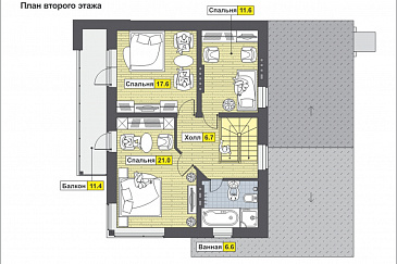 Проект светлого дома с бильярдной и спортзалом в цокольном этаже,  длинным балконом,  панорамными окнами в спальне на мансарде / План мансардного этажа