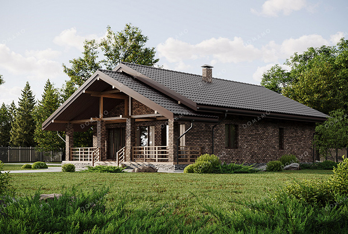 Проект выразительного одноэтажного дома с двухскатной крышей в разных уровнях, большой террасой и вторым светом