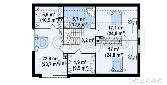 Проект современного мансардного дома из кирпича с четырьмя комнатами, эркером и одноместным гаражом / План мансардного этажа