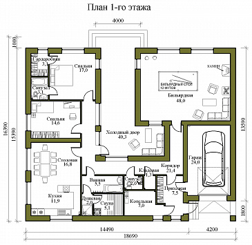 Проект одноэтажного кирпичного дома в стиле хай-тек с внутренним двором, бильярдной, сауной и гаражом / План 1 этажа