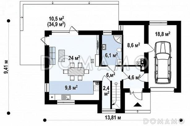 Проект дома с гаражом, кладовой, ванной с угловым окном, террасой на втором этаже / План 1 этажа
