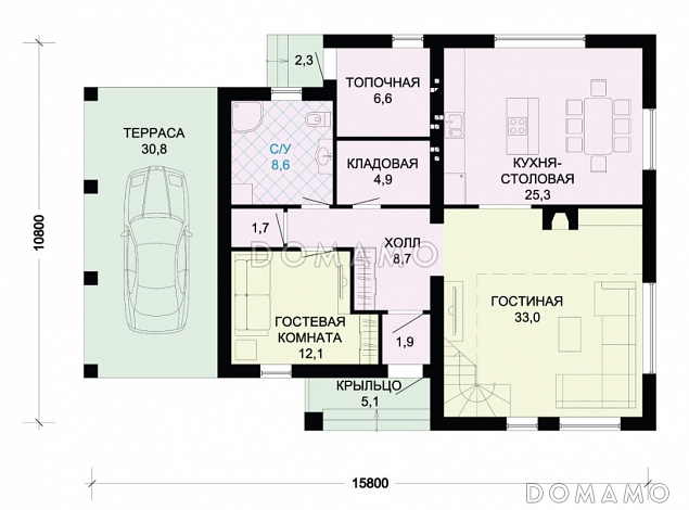 Проект дома в стиле фахверк с двусветной гостиной и навесом для машины / План 1 этажа