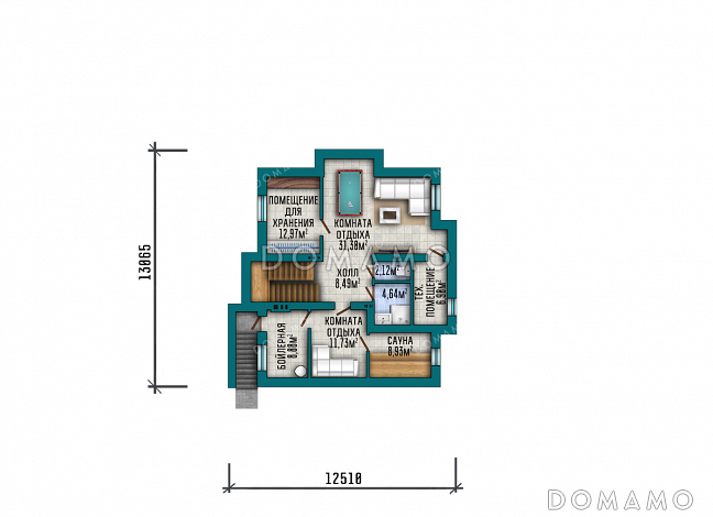Проект большого двухэтажного дома в стиле Райт с подвалом, большой крытой террасой и балконом на втором этаже / План цокольного этажа
